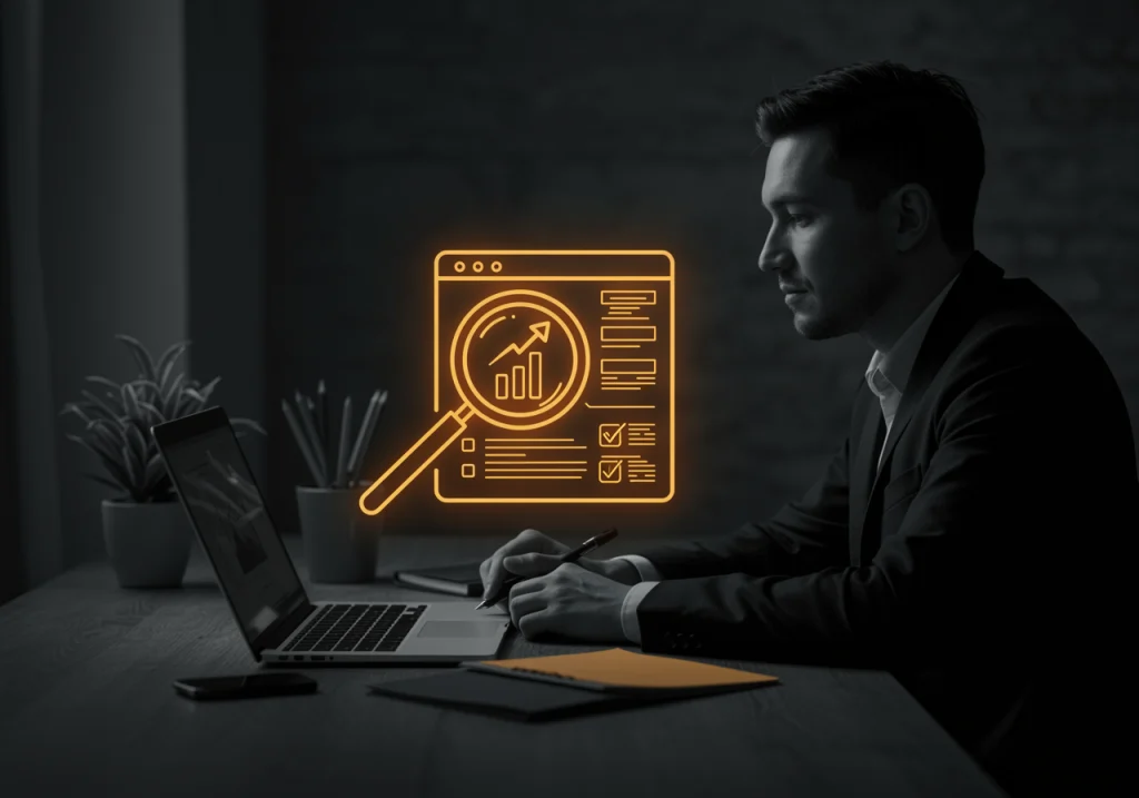 Illustration of an upward arrow and magnifying glass focusing on a website interface, representing sustainable online growth through SEO.