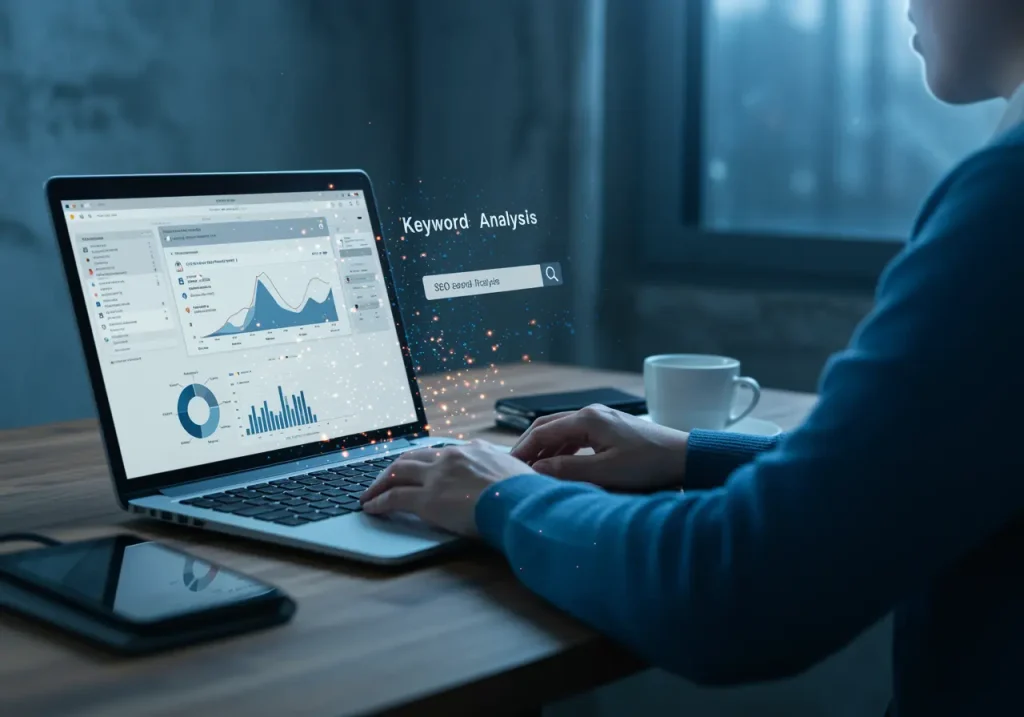 A digital workspace showcasing keyword research techniques with SEO analytics, keyword graphs, and a search bar on a laptop screen.