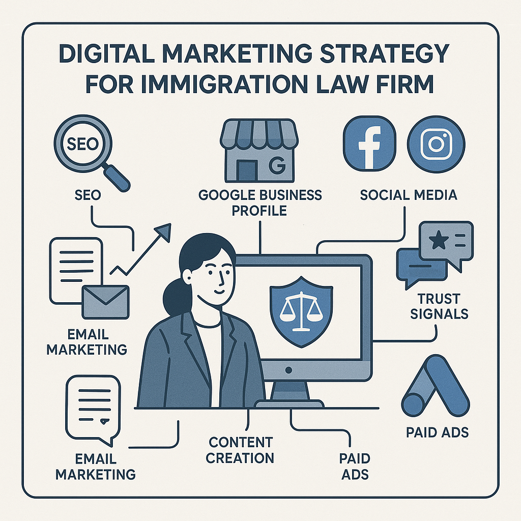 Digital marketing strategy for immigration law firm: SEO, ads, social media, content, reviews.